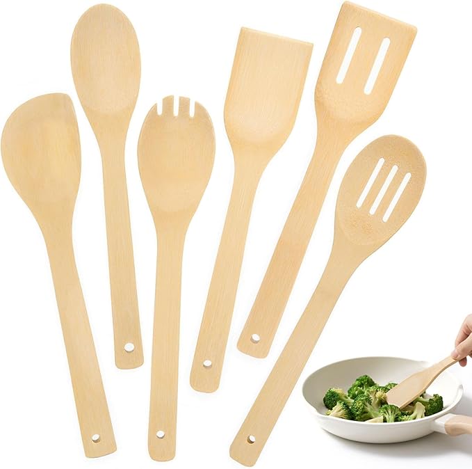 HAKSEN Bamboo Wooden Spoons for Cooking 6-Piece, Nonstick Bamboo Kitchen Utensils Set Wood Spatulas Spoons for Daily Use, Housewarming Gifts