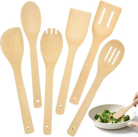 HAKSEN Bamboo Wooden Spoons for Cooking 6-Piece, Nonstick Bamboo Kitchen Utensils Set Wood Spatulas Spoons for Daily Use, Housewarming Gifts