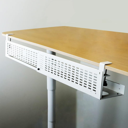 AEONS Under Desk Cable Management Tray Kit - Horizontal Adjustable up tp 41” Desk Organizer Removable C Clamp Mount Reversiable Computer Cord Raceway and Modesty Panel for Large Table, White/Beige