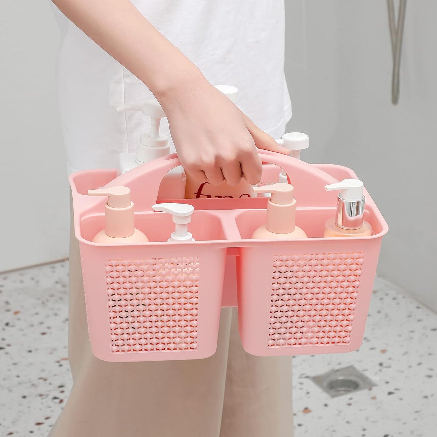 UUJOLY Plastic Portable Shower Caddy Basket Bucket, Cleaning Shower Basket with Handle Compartments Storage Basket Organizer for Bathroom Kitchen College Dorm Sink, Pink