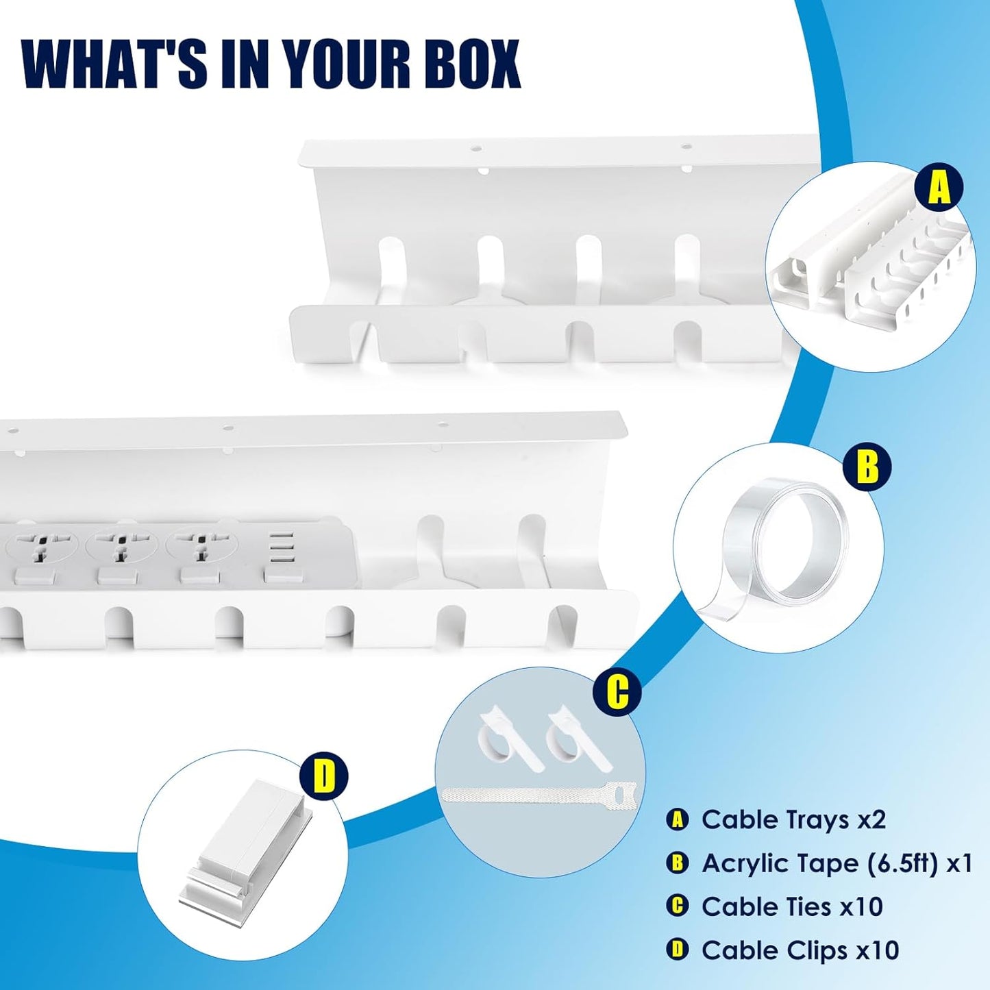 Under Desk Cable Management, 2 Pack 17" Cable Tray Organizer, No Drill or Screw Mount, Standing Desk Cable Management, Cord Organizer, White