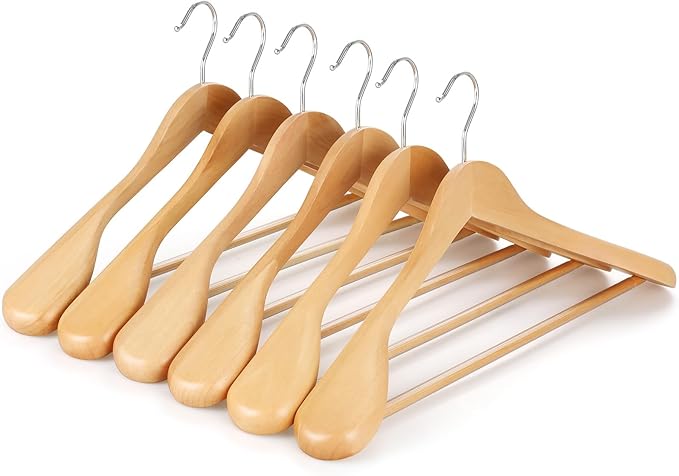 TOPIA HANGER Wide Shoulder Wooden Hangers, Suit Hangers with Non Slip Pants Bar & 360° Swivel Hook, Solid Wood Heavy Duty Coat Hanger, 6 Pack (Natural)-CT02NA