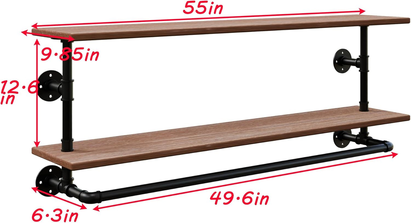 Clothes Rack 55in, 2-Tier Wall Mounted Garment Rack with Real Wood Shelf, Heavy Duty Hanging Clothes Rack, Multi-Purpose Hanging Rod, Space-Saving Closet Storage