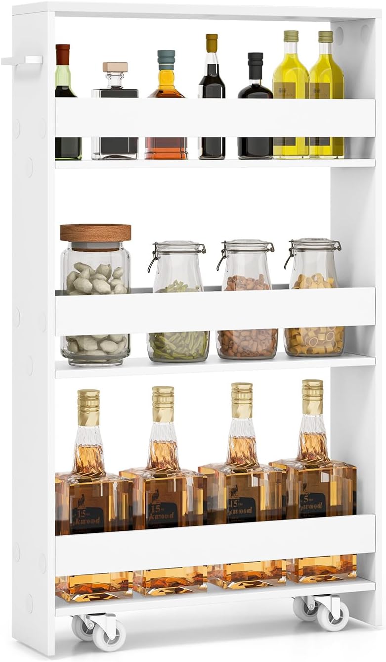 LOKO Slim Storage Cart, 4-Tier Rolling Cart with Handle & Wooden Top for Kitchen Bathroom Laundry Living Room Narrow Small Spaces, 5 Inches Width (Plain White)