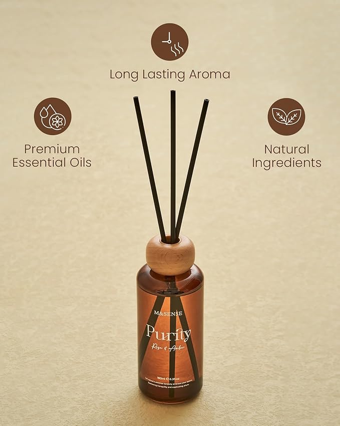 M&SENSE Rose Amber Reed Diffuser: 6.3 fl oz Non-Toxic Aroma Set with Sticks, Light & Subtle Fragrance, Long-Lasting Natural Essential Oil Gifts for Bedroom, Shelf Decor & Small Spaces