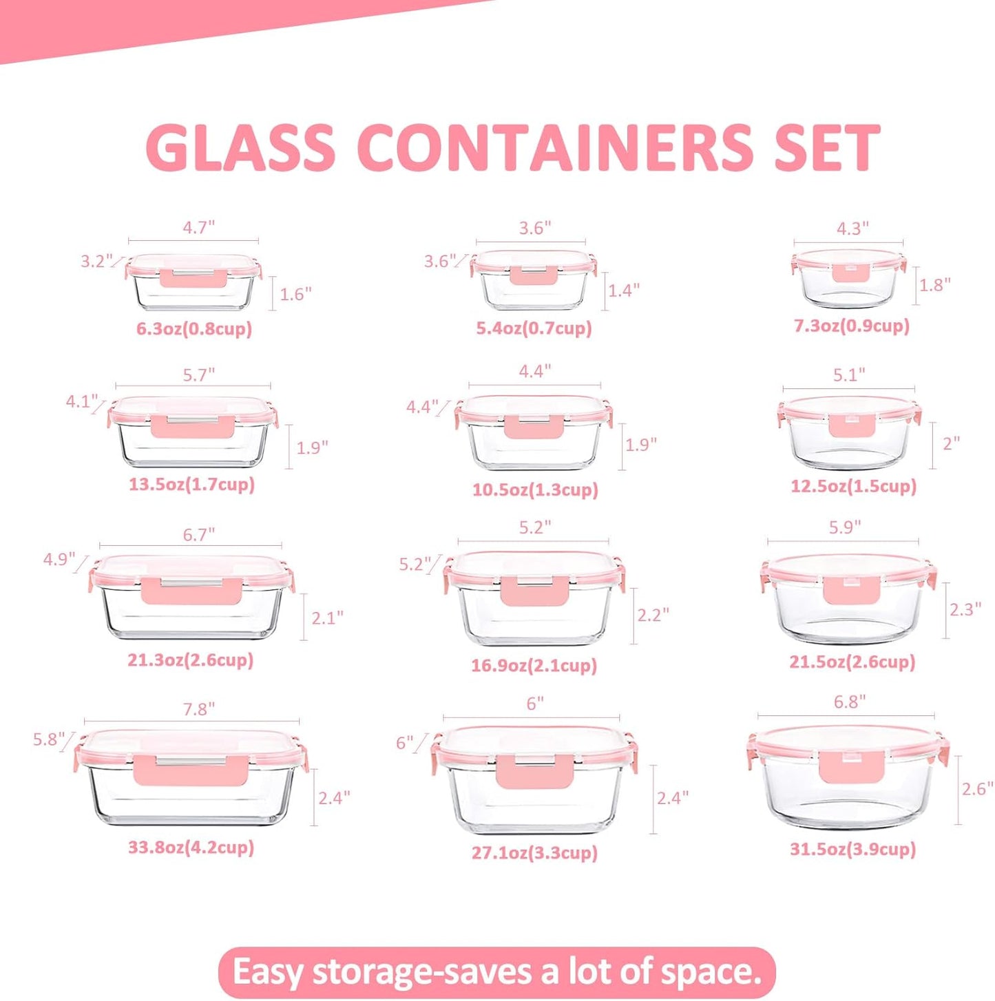 KOMUEE 24 Pieces Glass Food Storage Containers Set, Meal Prep Containers-Stackable Airtight Glass Storage Containers with lids,Freezer, Microwave, Oven Safe,Pink