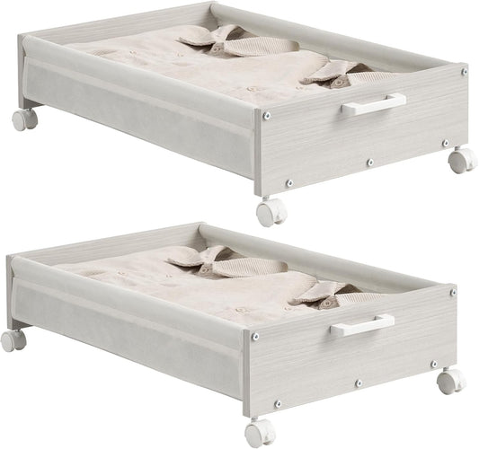 Under Bed Storage with Wheels, Wooden Under Bed Drawers On Wheels, Rolling Under Bed Shoe Storage, Space Saving,White,50L