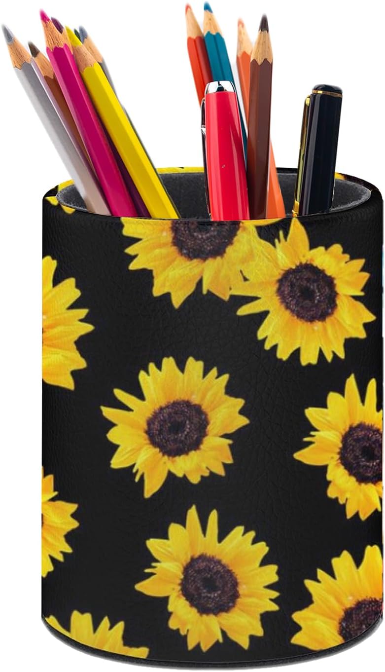 Sunflower Pen Holder Pencil Organizer Cute Pencil Cup Desk Decor Makeup Brush Holder PU Multifunctional Office Suppliesfor Home Classroom School