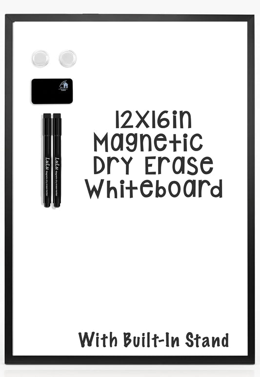 Magnetic Dry Erase Whiteboard 12x16 with Stand – Single-Sided Desktop White Board with Black Aluminum Frame – Includes Markers, Eraser & Magnets for Home, Office or Classroom