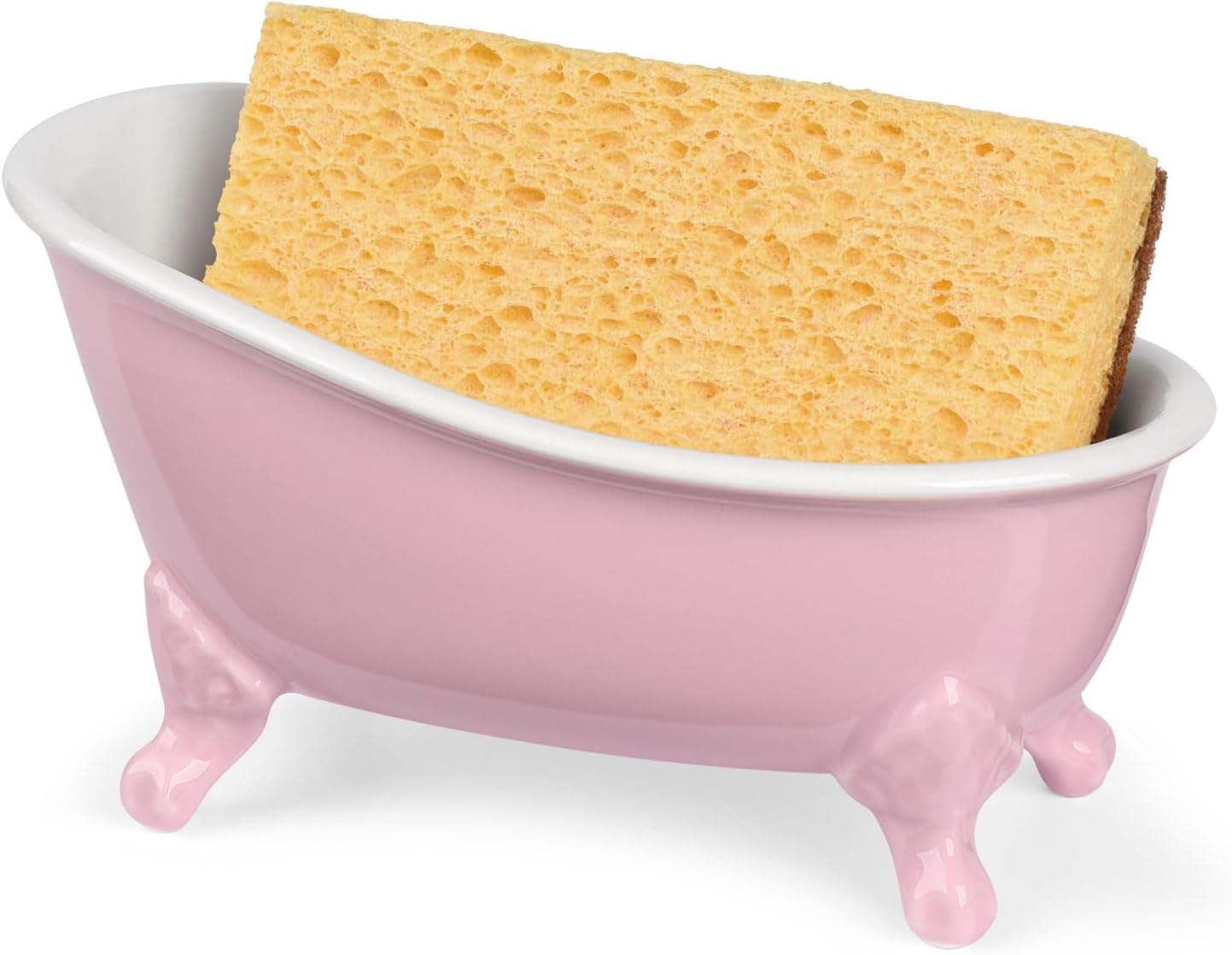 6.1" Vintage Ceramic Mini Decorative Clawfoot Bathtub Bar Soap Dish, Kitchen Sponge Holder and Shower Tray for Bathroom, 1 Pack (Pink)