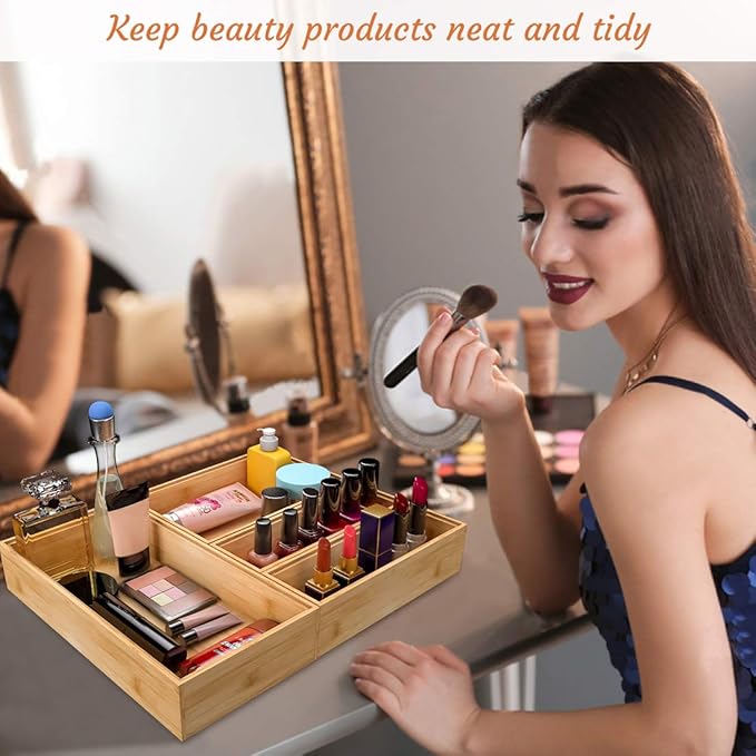 Drawer Organizer Utensil Holder for Kitchen, Small Wood Silverware Storage Organizer, Stackable Box Tray for Cutlery, Flatware, Bathroom Countertop Caddy for Makeup, Jewelry(12"6"2.5")