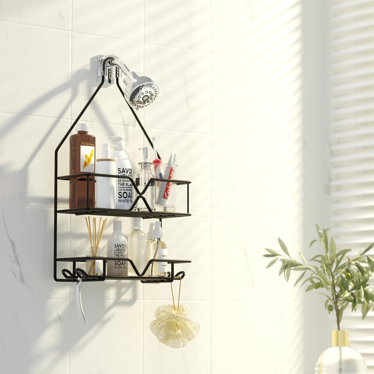 TreeLen Shower Organizer Hanging Caddy over Head - Black Bathroom Shower Hanger for Shampoo Razor Soap