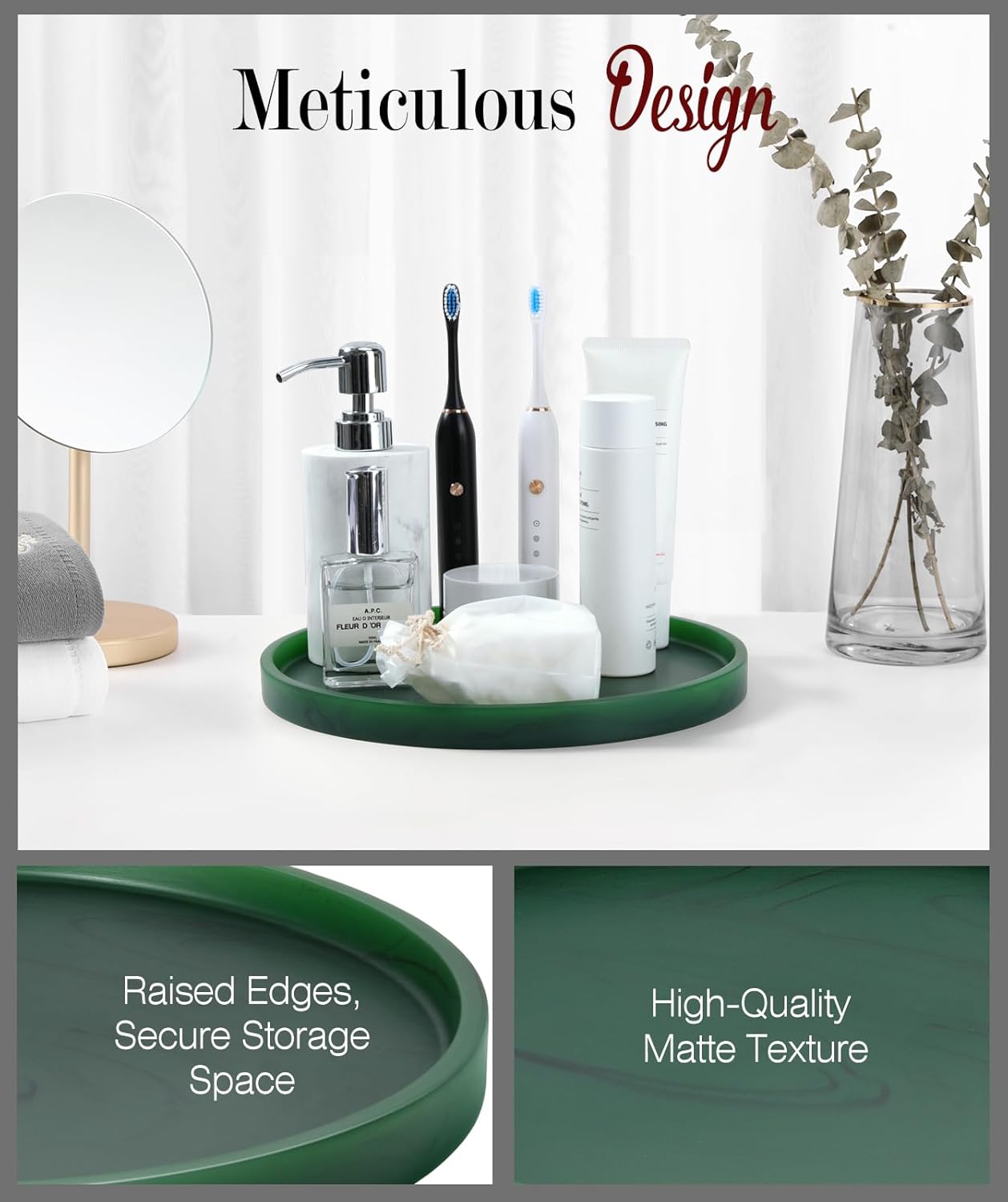 Emibele Vanity Tray, Resin Round Tray Decorative Storage Organizer for Bathroom Toilet Tank Bedroom Kitchen Countertop, Jewelry Storage Dresser for Candle,Lotion Bottle,Cosmetics, Matte Ink Green