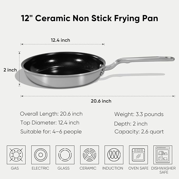 12 Inch Ceramic Non Stick Frying Pans - 5 Ply Stainless Clad Nonstick Skillet, Toxic, PTFE & PFOA FREE, Professional Cookware for Induction, All Stoves and Oven up to 650°F