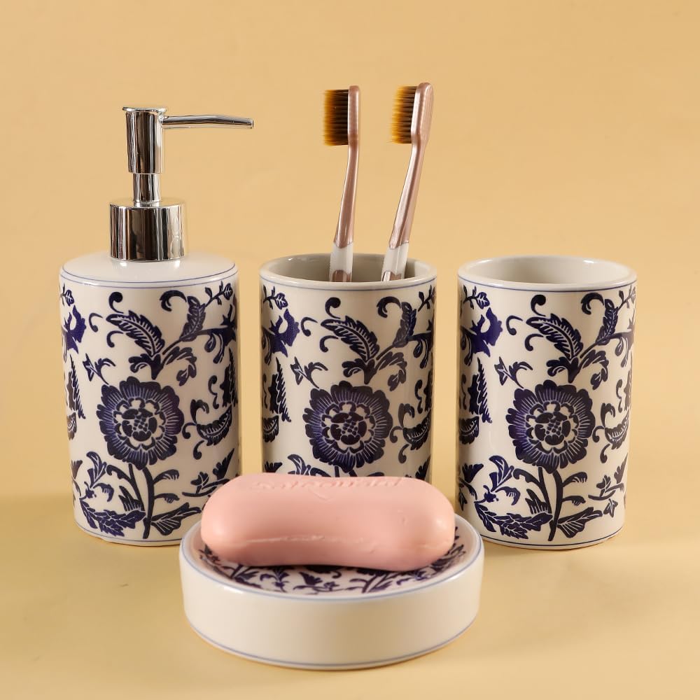 Chinese Blue and White Porcelain Bathroom Set – 4-Piece Ceramic Bath Accessory Set with Lotion Dispenser, Toothbrush Holder, Tumbler, and Soap Dish