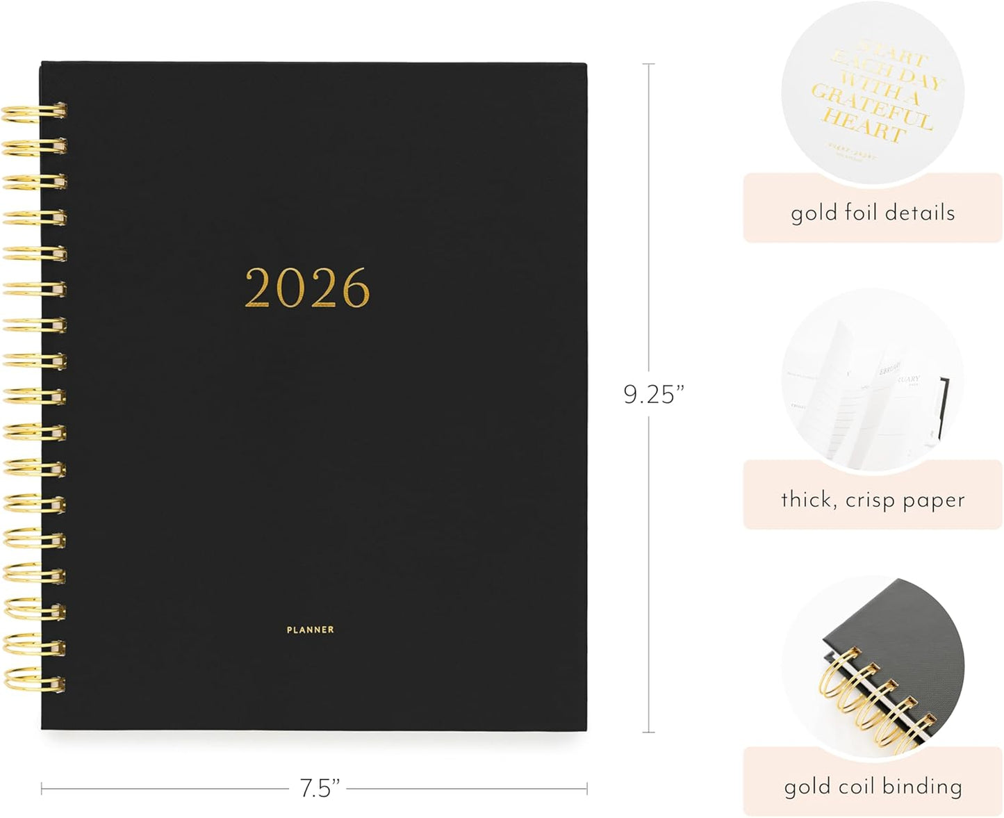 Sugar Paper 2026 Signature Spiral Planner, Weekly and Monthly, January to December, 7.5" x 9.25", Calendar for Women, Matte Paper Hardcover, Spiral Bound, Pocket for Storage,12 Month, Blush