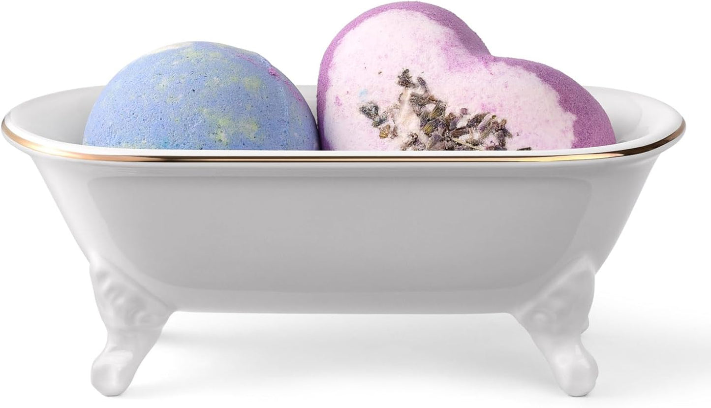 6.5" Ceramic Mini Decorative Clawfoot Bathtub Bar Soap Dish, Kitchen Sponge Holder and Shower Tray for Bathroom, 1 Pack (White Gold Rim)