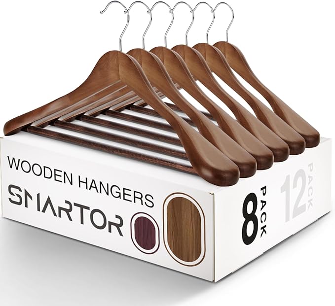 SMARTOR Wooden Suit Hangers for Men 8 Pack, Wide Shoulder Wood Suit Hangers with Non Slip Pant Bar, Wide Hanger for Suits, Coats, Jackets, Walnut