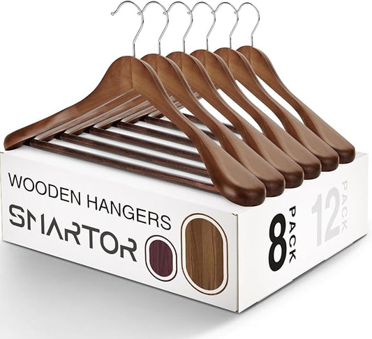 SMARTOR Wooden Suit Hangers for Men 8 Pack, Wide Shoulder Wood Suit Hangers with Non Slip Pant Bar, Wide Hanger for Suits, Coats, Jackets, Walnut