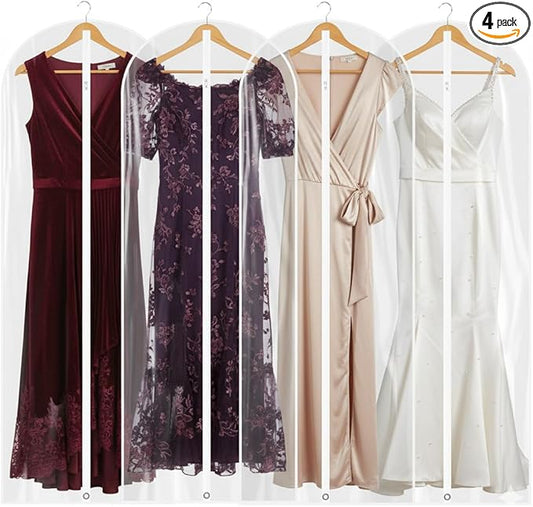 65” All Clear Dress Bags for Travel - PEVA Waterproof Fordable Cover with Zipper for Hanging Clothes, long Dress - Durable Dresser for Closet Storage, Dustproof & Moisture Resistant - 65”/4 Pack