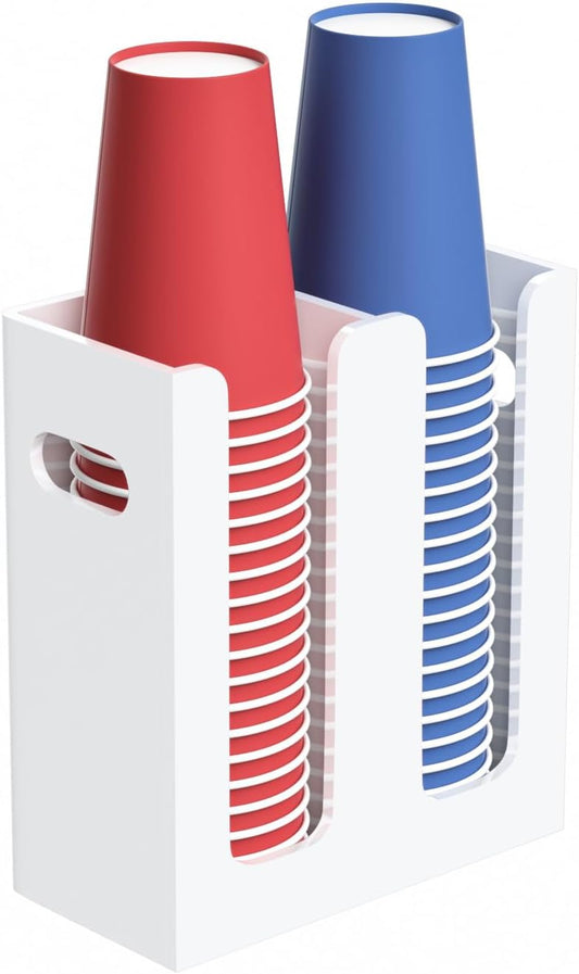 Disposable Coffee Cup Dispenser with Handles, Countertop or Wall Mount Hot/Cold Drink Cup and Lid Holder - Bathroom/Kitchen/Office Acrylic Cup Lid Storage Organizer (2 Compartments, White)