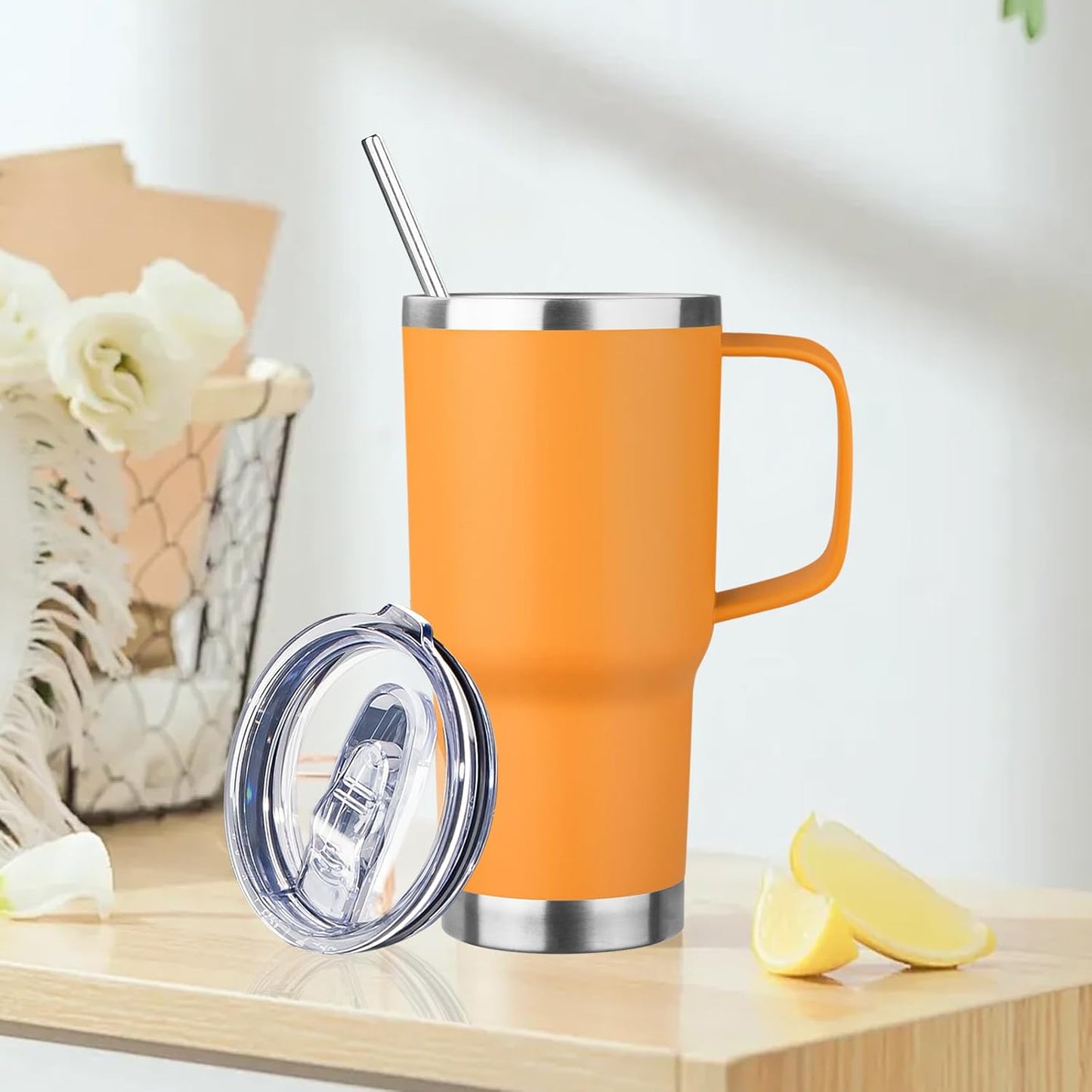 20oz Insulated Tumbler with Handle Stainless Steel Travel Coffee Mug with Lid and Straw Double Wall Vacuum Leak-proof Reusable Thermal Water Cup for Hot and Cold Drinks (Multicolor-2,4 Pack)