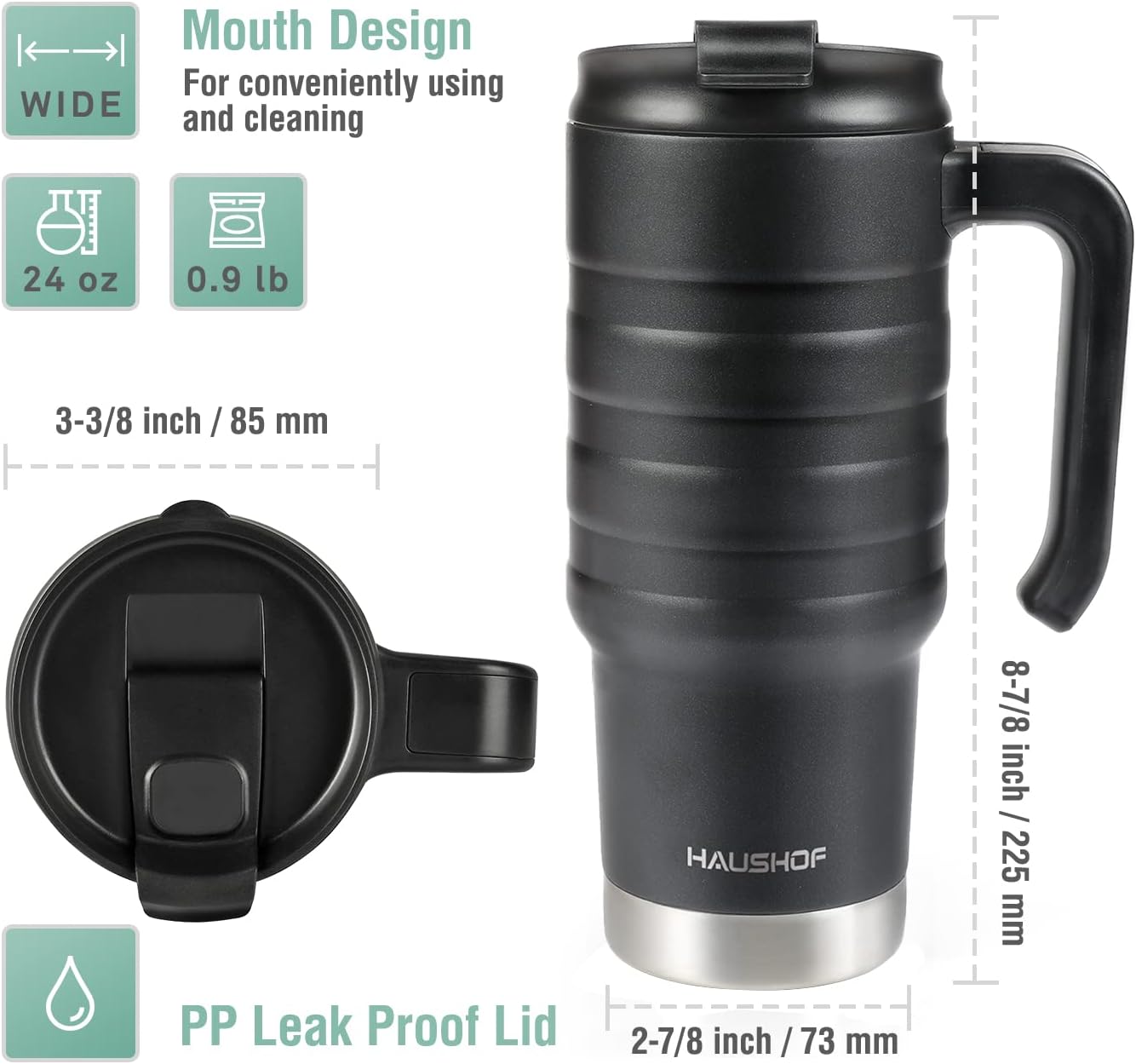 HAUSHOF 24 oz Travel Mug, Stainless Double Wall Vacuum Insulated Tumbler with Handle & Spill Proof Twist On Flip Lid and Wide Mouth, BPA Free