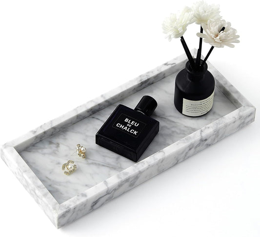 Real Natural Small Marble Tray for Bathroom, Vanity, Kitchen and Desktop, Rectangle Genuine Marble Stone Tray for Jewelry, Cosmetics, Candles, Lotion, Perfume and Home Decor (White, 12" x 5" x 1.2")