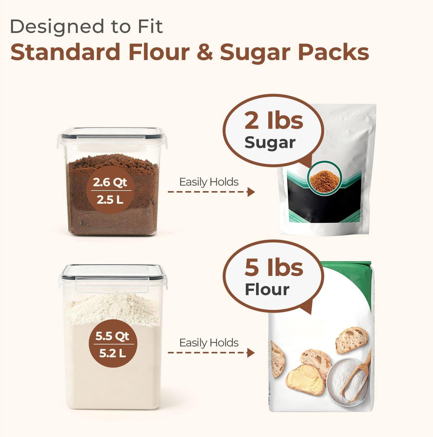ComSaf Flour Sugar Storage Containers Set of 3 (5.2L/5.5Qt) (2.5L/2.6Qt*2), Large Airtight Food Storage Containers with Lids, Plastic Canisters Sets for Kitchen, Pantry Organizers for Rice and Baking