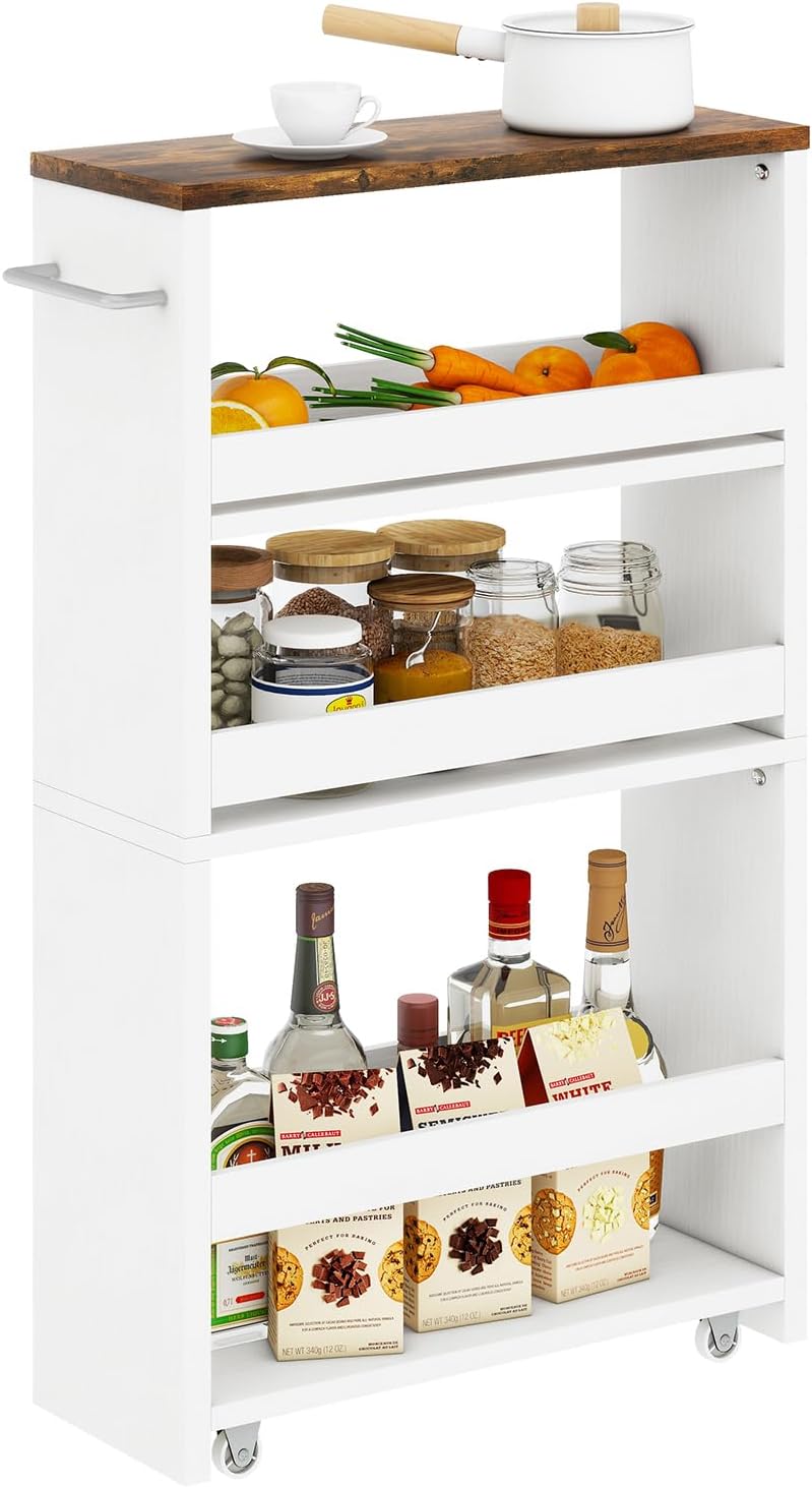 IBUYKE Slim Storage Cart 5.9" W, Rolling Organizer Trolley for Small Spaces, 4-Tier Laundry Cart with Handle, Slide Out Utility Cart for Kitchen, Living Room, Laundry,Narrow Places,White WST005W