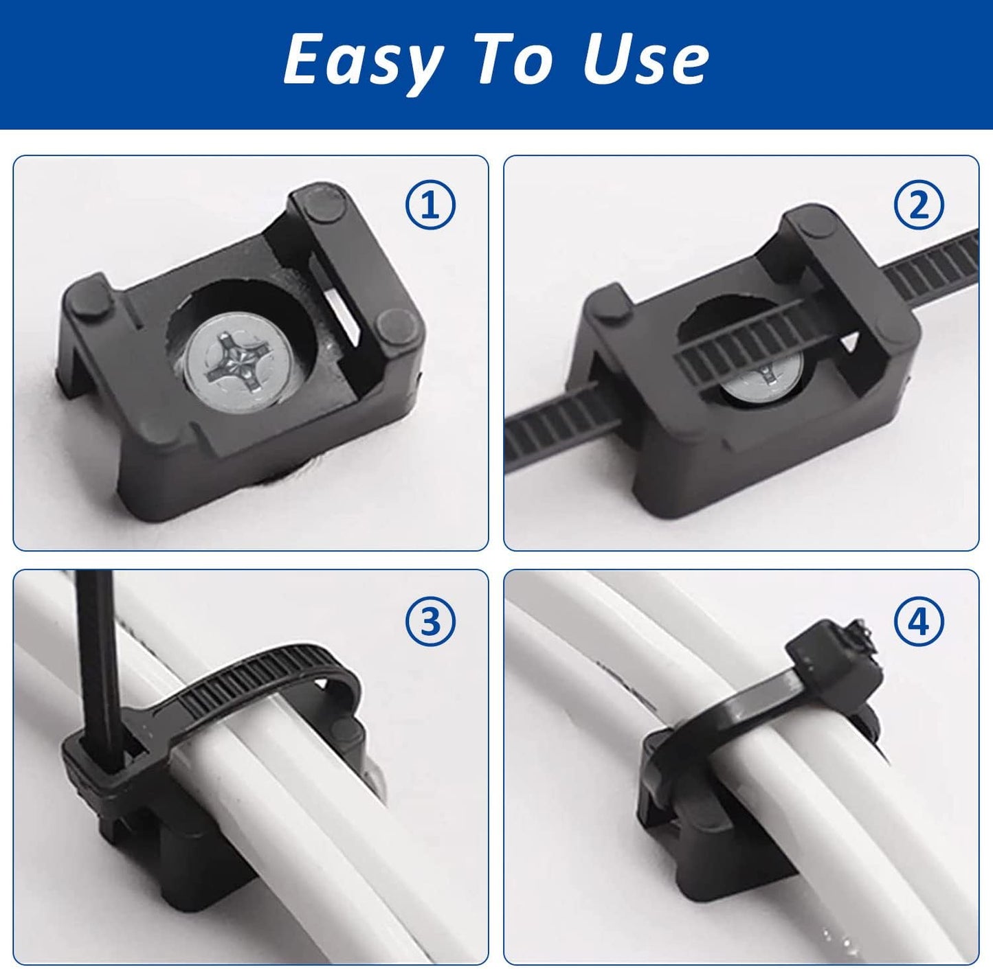 Cable Zip Tie Mounts Kit - 240 Set Wire Cable Clips Organizer Holders with 8" Cable Ties, Saddle Type Mounts Base and Tapping Screw, Black