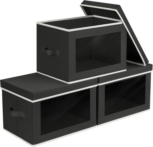 Storage Boxes with Lids - 3 Pack Fabric Clear Window Storage Bins, Collapsible Storage Bins with Lids, Linen Closet Organizer for Clothes, Towel, Blanket, Black