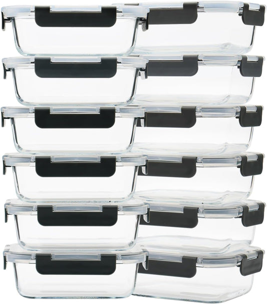 12 Pack 22oz Glass Meal Prep Containers, Food Storage Containers with Lids, Air-Tight, Leak-Resistant, Freezer to Microwave Safe - Grey Set