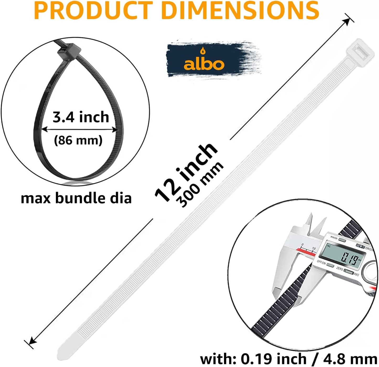 ALBO Zip Ties White 12 Inch 1000 Pack 50 lb, Long Plastic Cable Ties Thick 0.19 Inch Tie Wraps Heavy Duty UV Resistant Nylon Wire Ties for Indoor and Outdoor