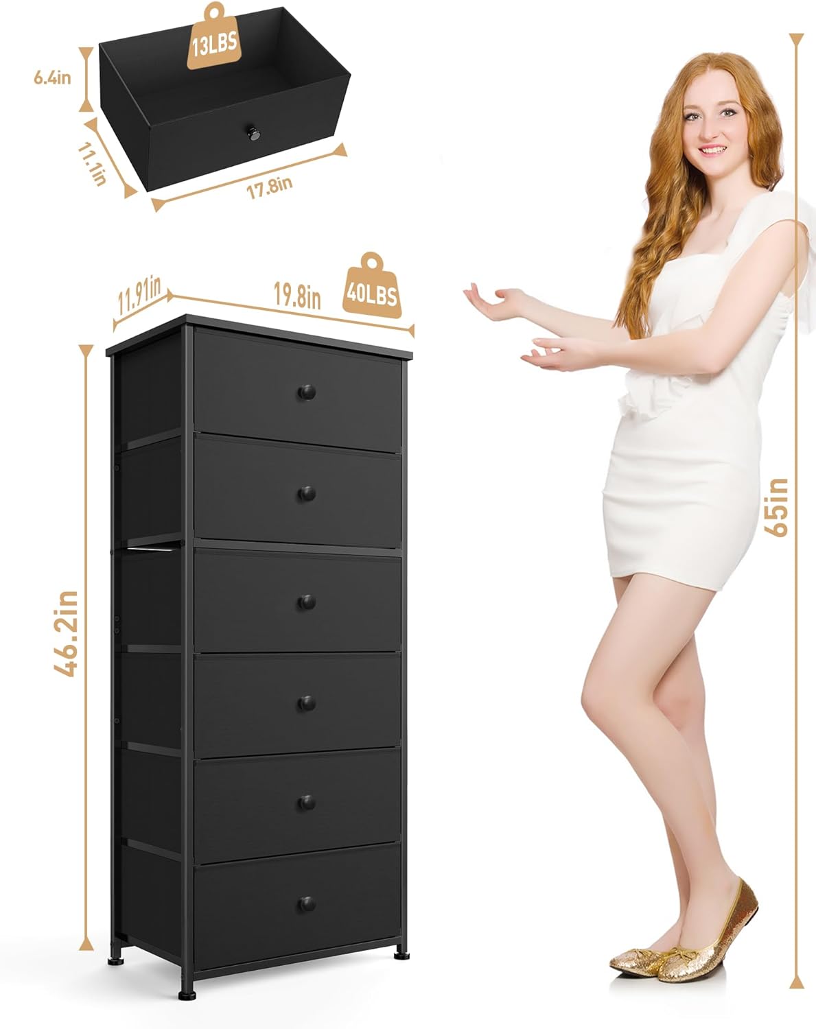 Tall Fabric Dresser for Bedroom, Vertical Storage Organizer Tower with 6 Drawers, Chest of Drawers with Bins, Steel Frame, Wood Top for Bedroom, Closet, Entryway Black