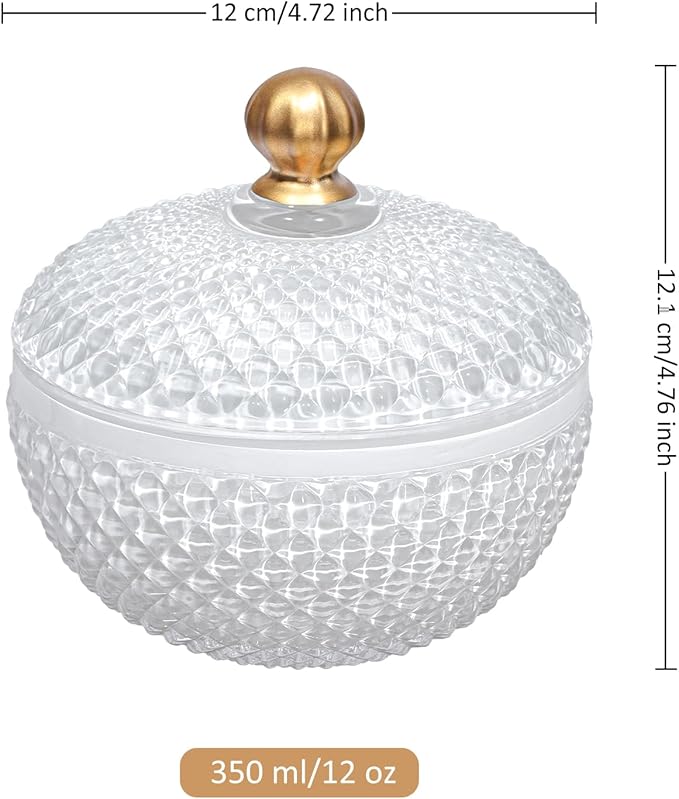 Joeyan 12 oz Small White Glass Jars with Lid,Embossed Glass Candy Dishes,Diamond Faceted Food Container,Decorative Jewelry Box Apothecary Canisters,Colored Kitchen Bathroom Buffet Storage Organizer