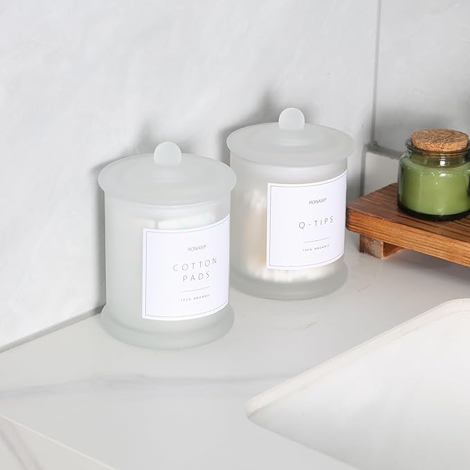 Qtip Holder & Cotton Pad Dispenser, Bathroom Organizer and Storage Canisters, 16oz Glass Apothecary Jars for Kitchen, Restroom - Home Decor, Room Decor Aesthetic (2 Pack, Frosted White)