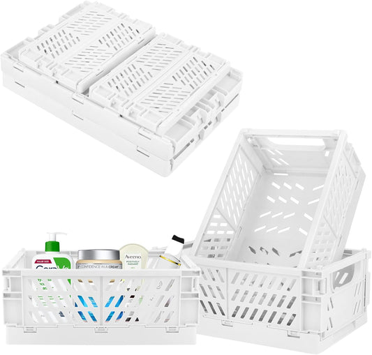 Plastic Storage Baskets for Desk Organizing, Office Drawer Organizer, 2 Medium+2 Small Durable Folding Storage Crate for Home Kitchen Classroom Office Bedroom and Bathroom Storage (White)