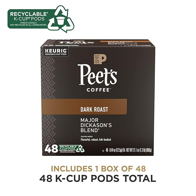 Peet's Coffee, Dark Roast Keurig K-Cup Pods - Major Dickason's Blend 48 Count (1 Box of 48 Pods)