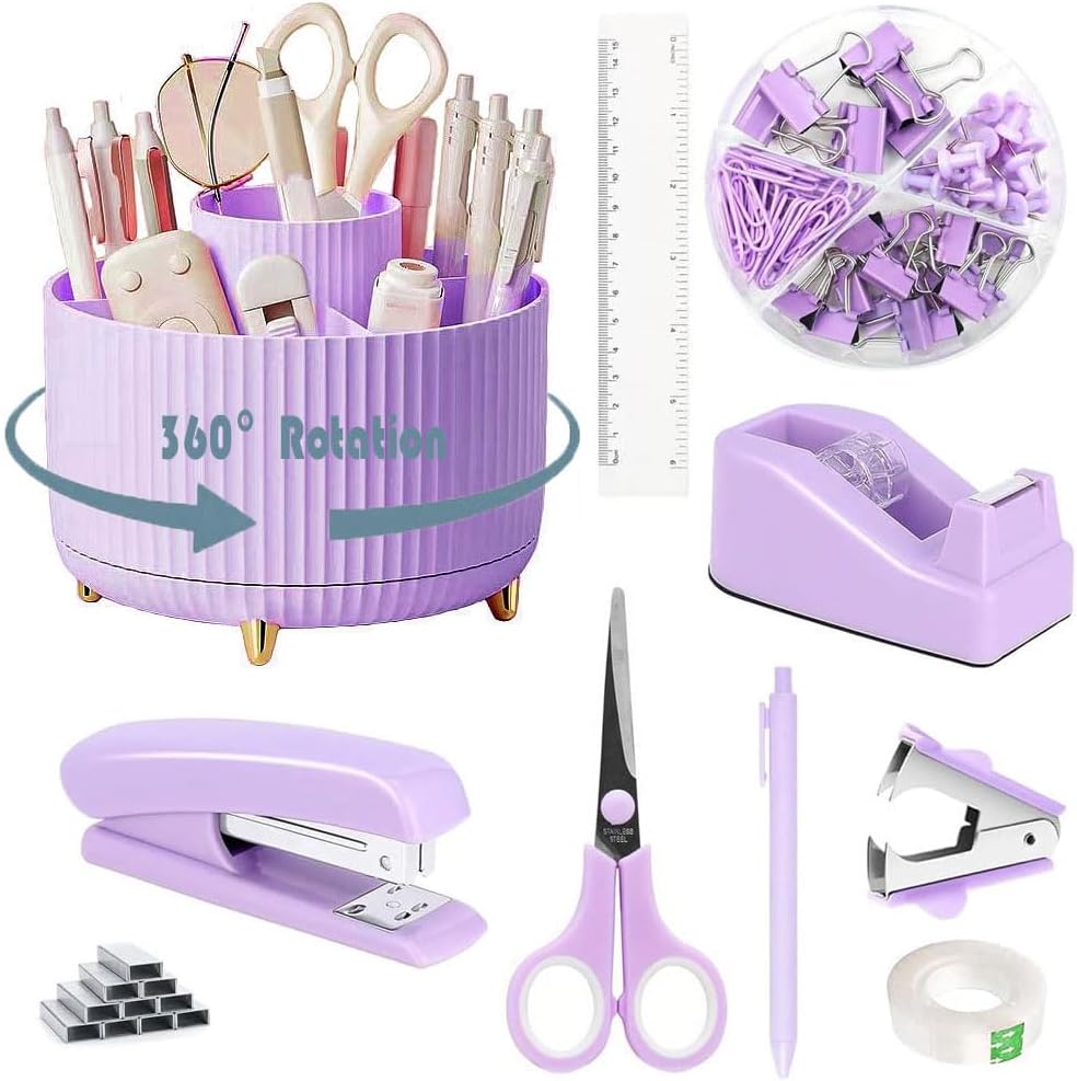 Desk Organizers and Accessories Set with 360-Degree Rotating Pen Holder, Tape Dispenser, Stapler, Staple Remover, 1000 Staples, Tape, Clips Set, Ruler, Scissor, Pen