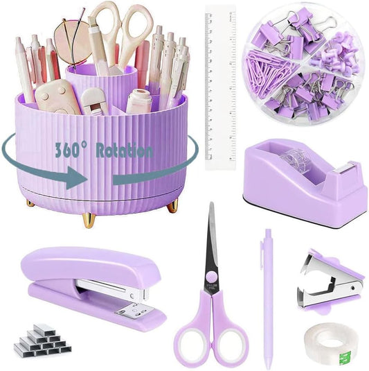 Desk Organizers and Accessories Set with 360-Degree Rotating Pen Holder, Tape Dispenser, Stapler, Staple Remover, 1000 Staples, Tape, Clips Set, Ruler, Scissor, Pen