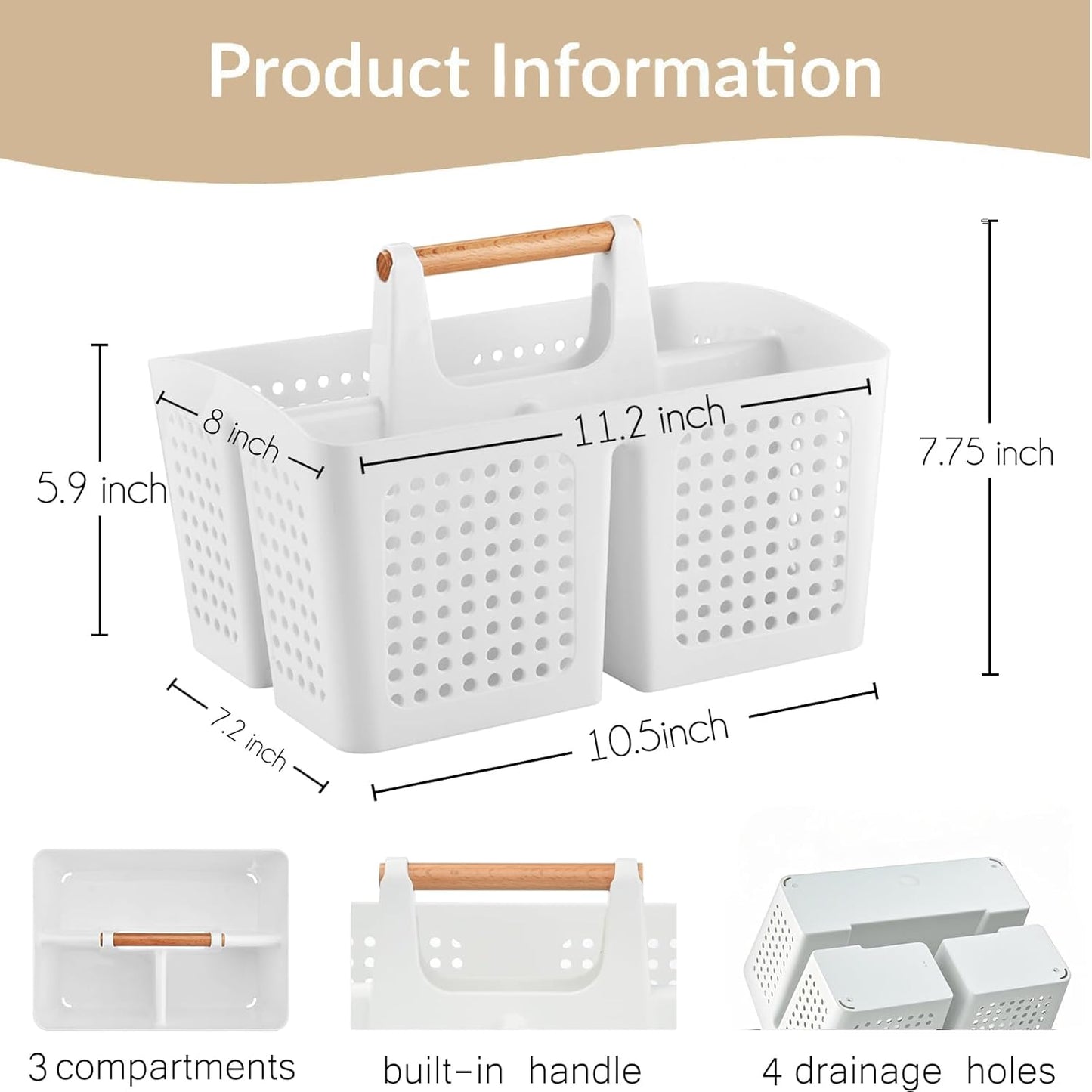 Portable Shower Caddy Basket with Compartments, Plastic Divided Cleaning Caddy Organizer Storage Tote with Handle for Bathroom, College, Dorm Room Essentials, White