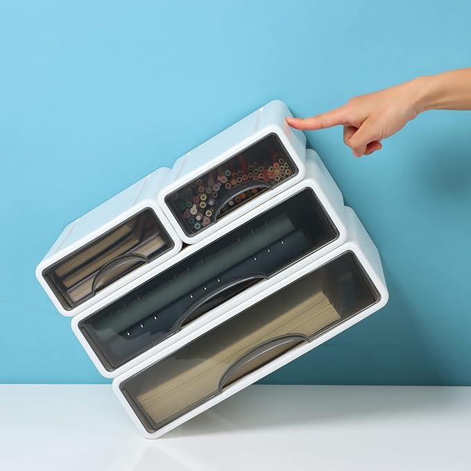 White Desktop Drawers for Paper, Stackable Office Storage Drawers for Desk, Craft Organizer and Storage Bins, 3 Mixed Storage Container with Plastic Drawers for Office Supplies