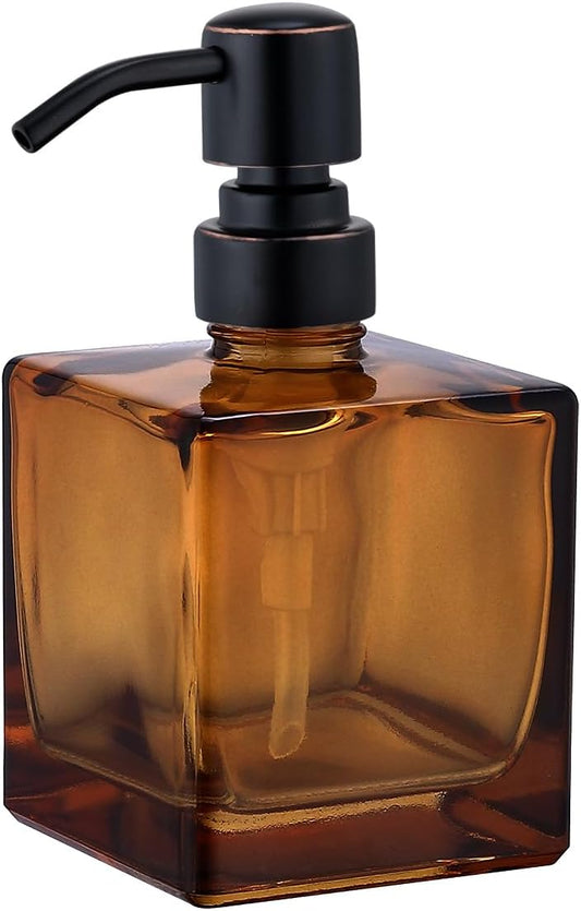 Square Bathroom Soap Dispenser Amber Bottle with Oil Rubbed Bronze Pump, Retangle Cube 8.4 oz Glass Bottles with Stainless Steel Pump Hand Liquid Soap Dispenser Kitchen