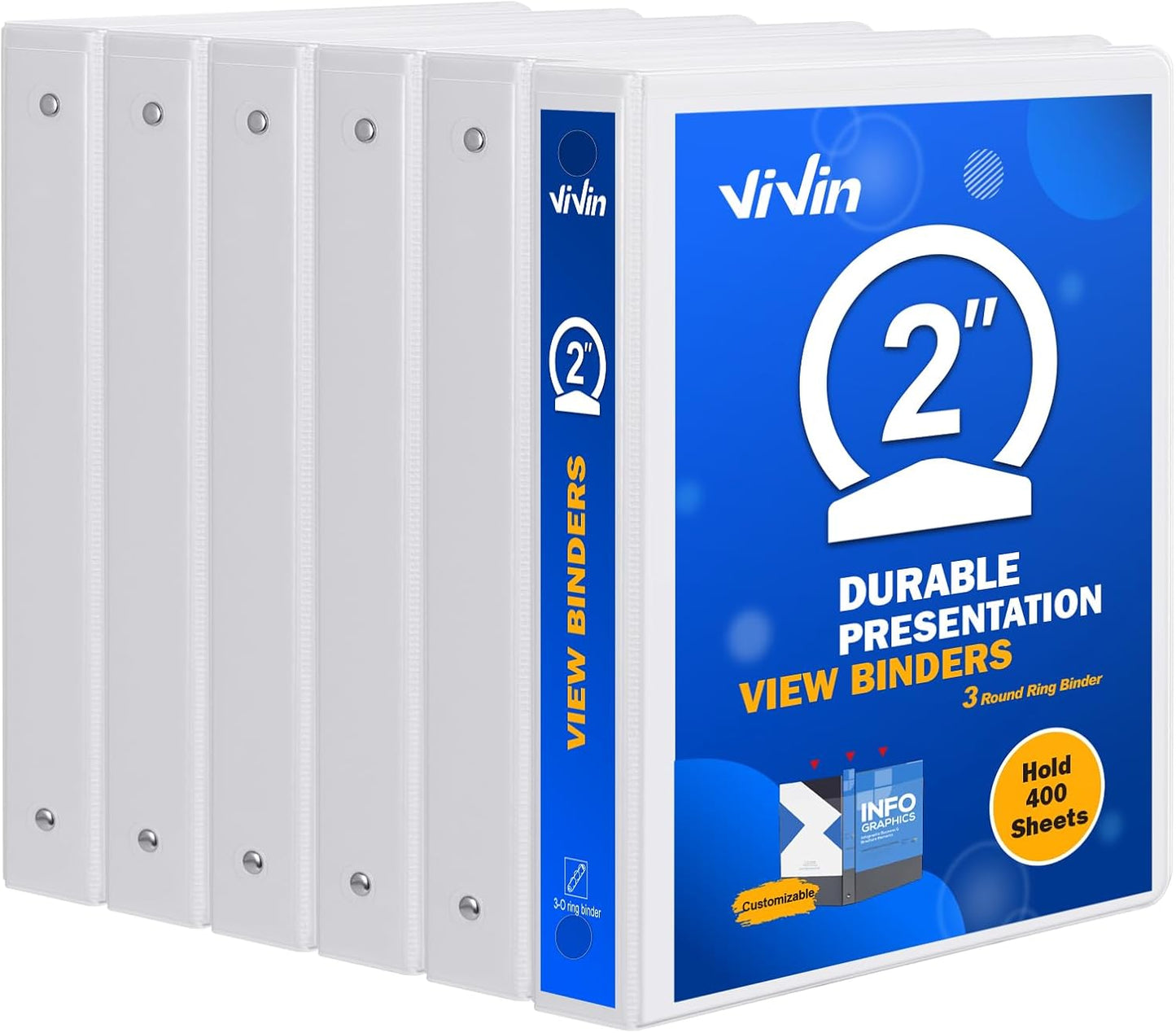 3 Ring Binder 2 Inch, ViVin Sturdy 2"-Round Ring Binder with 2 Interior Pockets, Clear View Cover, PVC-Free, Fits 400 Sheets of 8.5'' x 11'' Paper, Office Home School (6 Pack, White)