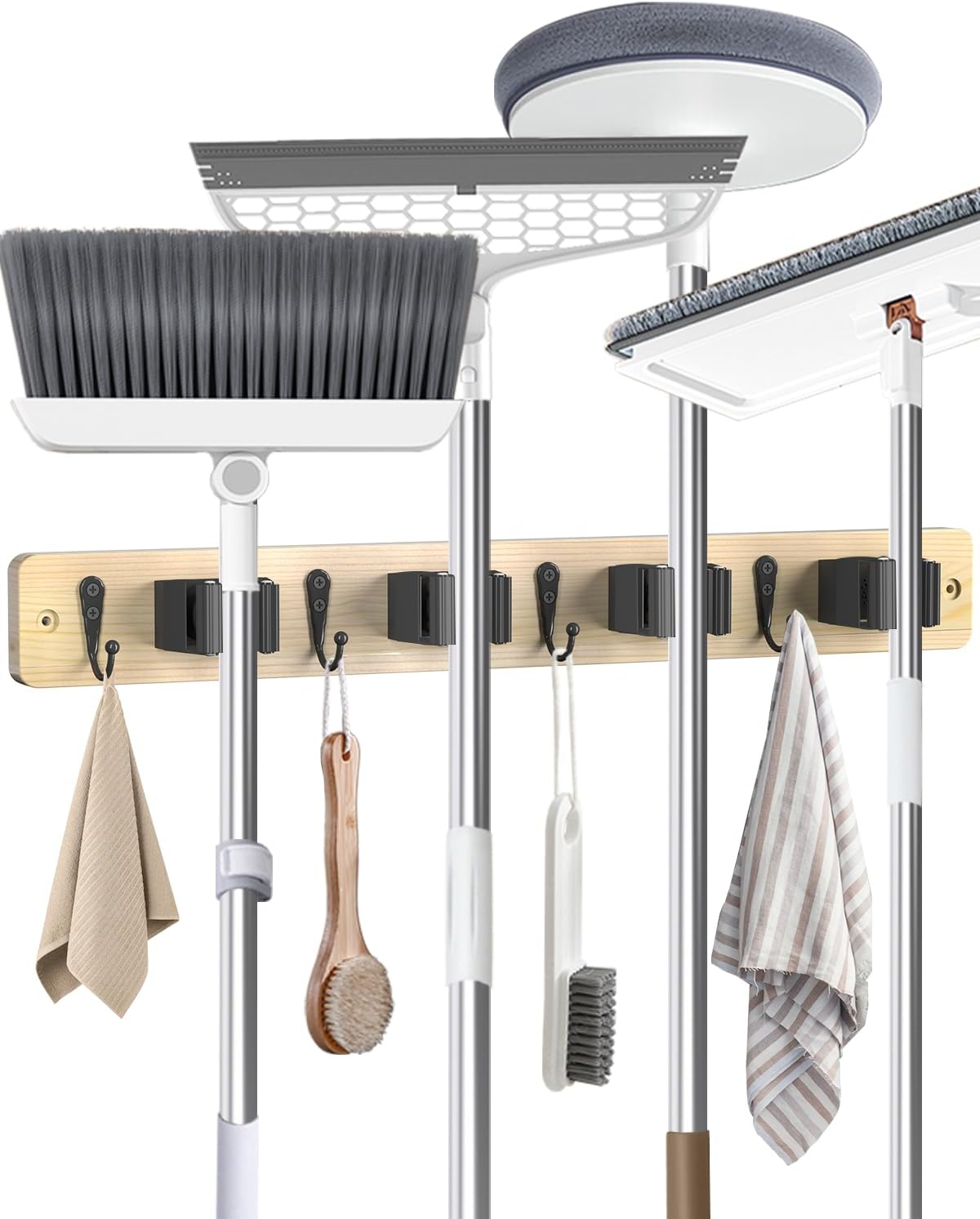 Broom Holder Wall Mounted, Light Wood 4 Holders and 4 Hooks Mop Holder, Wooden Mop and Broom Holder with Anti slip rubber, Natural pine wood Brush Holder, Mop Wall Holde with Nail installation