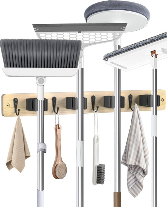 Broom Holder Wall Mounted, Light Wood 4 Holders and 4 Hooks Mop Holder, Wooden Mop and Broom Holder with Anti slip rubber, Natural pine wood Brush Holder, Mop Wall Holde with Nail installation