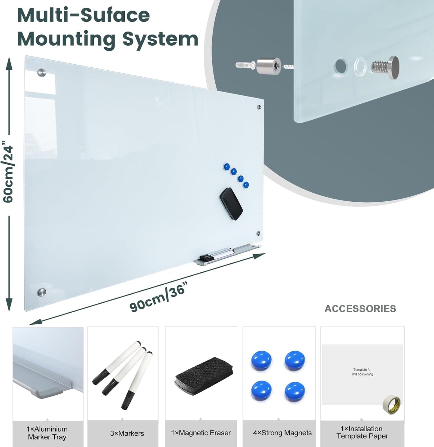Glass Whiteboard 36"X24" Magnetic Dry Erase Board Frameless Wall Mounted White Board WritingBoard for Office School Home Accessory Tray, 3 Dry Erase Marker,4 Glass Board Magnets and 1 Magnetic Eraser