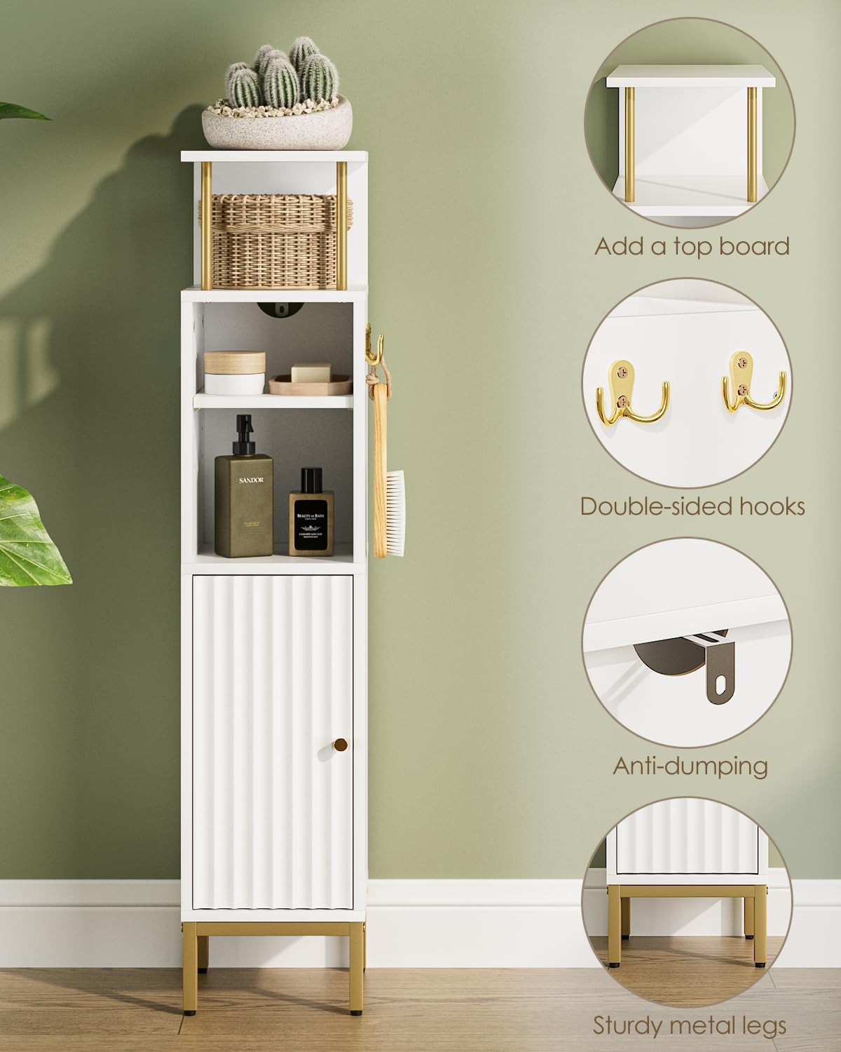 Bathroom Storage Cabinet,Small Corner Floor Cabinet with 2 Hook,Narrow Tall Toilet Paper Cabinet with Adjustable Shelves,Bathroom Organizer for Living Room,Small Spaces (Wave, White-37''H)