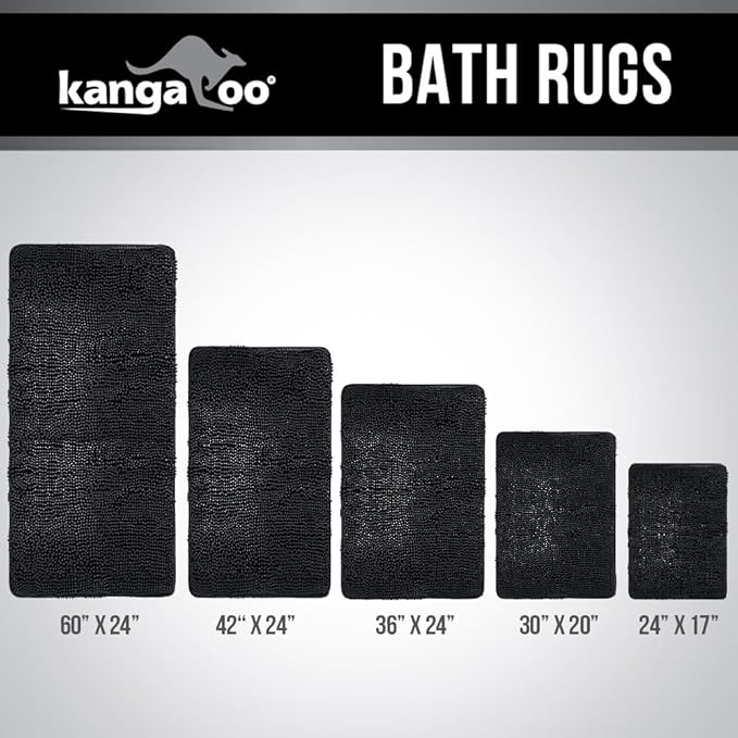 KANGAROO Bathroom Rugs, Chenille Soft Absorbent Bath Rug, Shaggy Shower Mat, Quick Dry Machine Wash Bathmat, Plush Carpet Mats for Tub, Bathtub and Room Home Decor Accessories, 36x24, Black